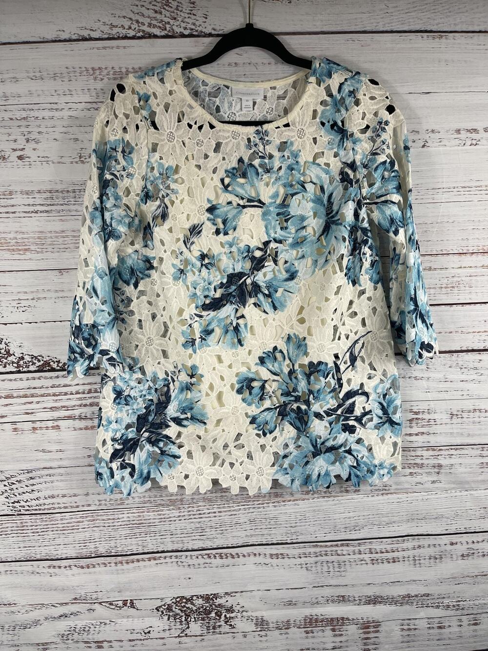 Charter Club Shirt Women's Size XS White Blue Crochet Lace Floral Lined Top
